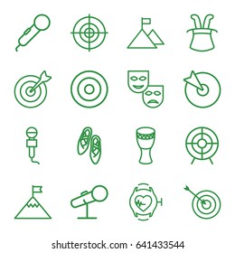Performance icons set. set of 16 performance outline icons such as target, microphone, heartbeat watch, drum, ballet shoes, flag on mountain, magic hat