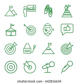Performance icons set. set of 16 performance outline icons such as target, microphone, heartbeat watch, ballet shoes, man at the top of the mountain with flag