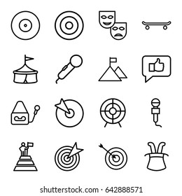 Performance icons set. set of 16 performance outline icons such as target, microphone, man at the top of the mountain with flag, flag on mountain, skating, magic hat, mask