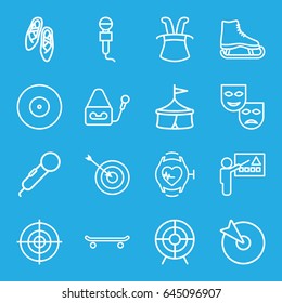 Performance icons set. set of 16 performance outline icons such as target, microphone, heartbeat watch, ballet shoes, skating, magic hat, mask, ice skate, circus