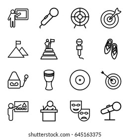 Performance icons set. set of 16 performance outline icons such as target, microphone, drum, ballet shoes, teacher, man at the top of the mountain with flag, flag on mountain