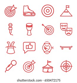 Performance icons set. set of 16 performance outline icons such as target, microphone, heartbeat watch, drum, flag on mountain, skating, magic hat, mask, ice skate, circus