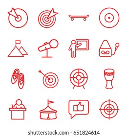 Performance icons set. set of 16 performance outline icons such as target, microphone, drum, ballet shoes, teacher, flag on mountain, skating, circus