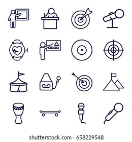 Performance icons set. set of 16 performance outline icons such as target, microphone, heartbeat watch, drum, teacher, flag on mountain, skating