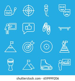 Performance icons set. set of 16 performance outline icons such as microphone, drum, target, ballet shoes, teacher, man at the top of the mountain with flag, flag on mountain