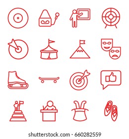 Performance icons set. set of 16 performance outline icons such as microphone, target, ballet shoes, teacher, man at the top of the mountain with flag, flag on mountain