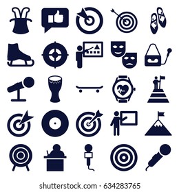 Performance icons set. set of 25 performance filled icons such as target, microphone, heartbeat watch, drum, ballet shoes, teacher, thumb up