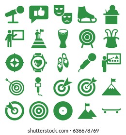 Performance icons set. set of 25 performance filled icons such as target, microphone, heartbeat watch, drum, ballet shoes, teacher, thumb up