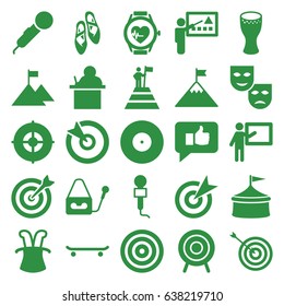 Performance icons set. set of 25 performance filled icons such as target, microphone, heartbeat watch, drum, ballet shoes, teacher, thumb up