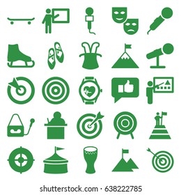Performance icons set. set of 25 performance filled icons such as target, microphone, heartbeat watch, drum, ballet shoes, teacher, thumb up