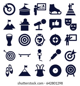 Performance icons set. set of 25 performance filled icons such as target, microphone, heartbeat watch, drum, ballet shoes, teacher, thumb up