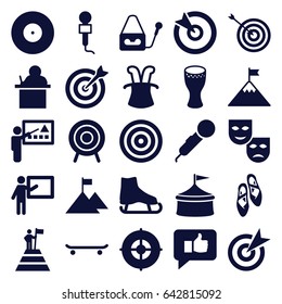 Performance icons set. set of 25 performance filled icons such as target, microphone, drum, ballet shoes, teacher, thumb up, man at the top of the mountain with flag