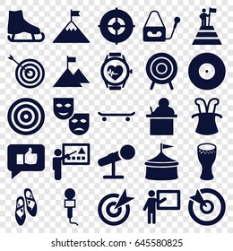 Performance icons set. set of 25 performance filled icons such as target, microphone, heartbeat watch, drum, ballet shoes, teacher, thumb up