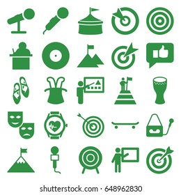 Performance icons set. set of 25 performance filled icons such as target, microphone, heartbeat watch, drum, ballet shoes, teacher, thumb up