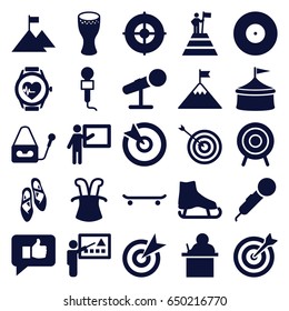 Performance icons set. set of 25 performance filled icons such as target, microphone, heartbeat watch, drum, ballet shoes, teacher, thumb up