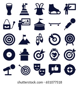 Performance icons set. set of 25 performance filled icons such as target, microphone, heartbeat watch, drum, ballet shoes, teacher, thumb up
