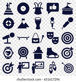 Performance icons set. set of 25 performance filled icons such as target, microphone, heartbeat watch, drum, ballet shoes, teacher, thumb up