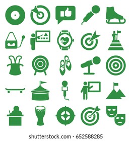 Performance icons set. set of 25 performance filled icons such as microphone, heartbeat watch, target, drum, ballet shoes, teacher, thumb up