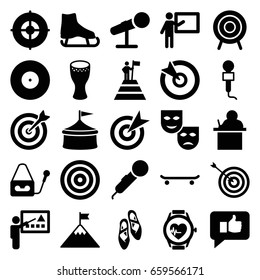 Performance icons set. set of 25 performance filled icons such as target, microphone, heartbeat watch, drum, ballet shoes, teacher, thumb up