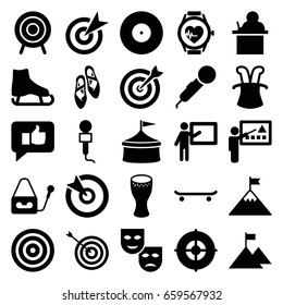 Performance icons set. set of 25 performance filled icons such as target, microphone, heartbeat watch, drum, ballet shoes, teacher, thumb up, flag on mountain, magic hat, mask