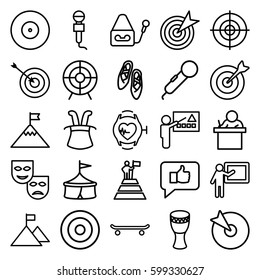 performance icons set. Set of 25 performance outline icons such as target, microphone, heartbeat watch, drum, ballet shoes, teacher, man at the top of the mountain with flag