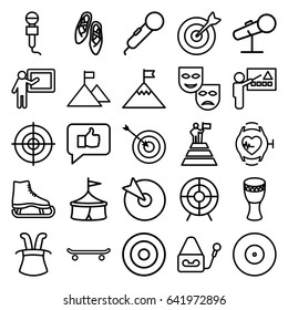 Performance icons set. set of 25 performance outline icons such as target, microphone, heartbeat watch, drum, ballet shoes, teacher, man at the top of the mountain with flag