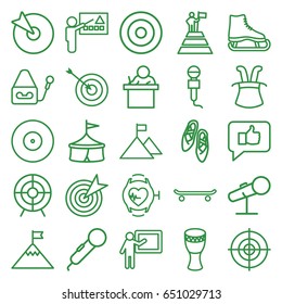 Performance icons set. set of 25 performance outline icons such as target, microphone, heartbeat watch, drum, ballet shoes, teacher, man at the top of the mountain with flag