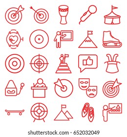 Performance icons set. set of 25 performance outline icons such as target, microphone, heartbeat watch, drum, ballet shoes, teacher, man at the top of the mountain with flag