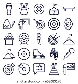 Performance icons set. set of 25 performance outline icons such as target, microphone, heartbeat watch, drum, ballet shoes, teacher, man at the top of the mountain with flag