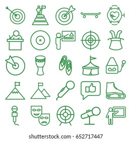 Performance icons set. set of 25 performance outline icons such as target, microphone, heartbeat watch, drum, ballet shoes, teacher, man at the top of the mountain with flag