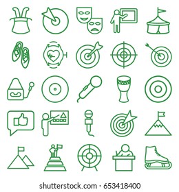 Performance icons set. set of 25 performance outline icons such as target, microphone, heartbeat watch, drum, ballet shoes, teacher, man at the top of the mountain with flag