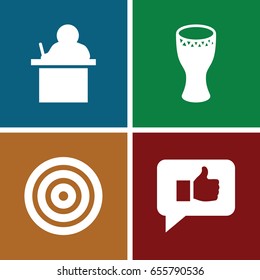 Performance icons set. set of 4 performance filled icons such as drum, thumb up, teacher