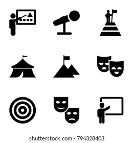 Performance icons. set of 9 editable filled performance icons such as mask, target, teacher, microphone, man at the top of the mountain with flag, flag on mountain