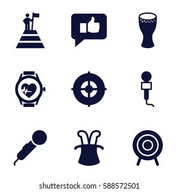 performance icons set. Set of 9 performance filled icons such as microphone, heartbeat watch, target, drum, thumb up, man at the top of the mountain with flag