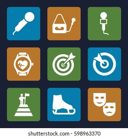 performance icons set. Set of 9 performance filled icons such as microphone, heartbeat watch, target, man at the top of the mountain with flag, mask