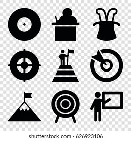 Performance icons set. set of 9 performance filled icons such as target, man at the top of the mountain with flag, flag on mountain, magic hat
