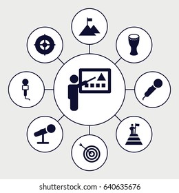 Performance icons set. set of 9 performance filled icons such as target, microphone, drum, teacher, man at the top of the mountain with flag