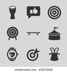 Performance icons set. set of 9 performance filled icons such as heartbeat watch, target, drum, thumb up, magic hat, circus