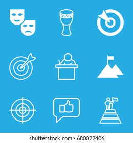 Performance icons set. set of 9 performance filled and outline icons such as target, flag on mountain, drum, mask, teacher, man at the top of the mountain with flag