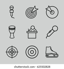 Performance icons set. set of 9 performance outline icons such as microphone, drum, target, teacher