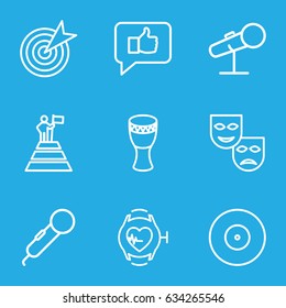 Performance icons set. set of 9 performance outline icons such as heartbeat watch, drum, microphone, target, man at the top of the mountain with flag, mask