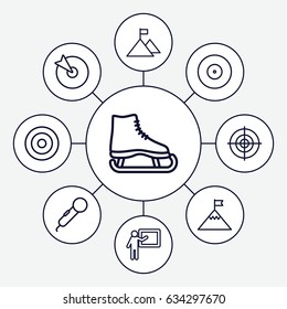 Performance icons set. set of 9 performance outline icons such as target, teacher, flag on mountain, microphone