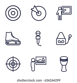 Performance icons set. set of 9 performance outline icons such as microphone, drum, target, teacher
