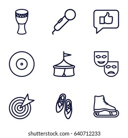 Performance icons set. set of 9 performance outline icons such as drum, ballet shoes, target, microphone, mask, ice skate, circus
