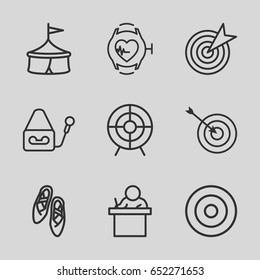 Performance icons set. set of 9 performance outline icons such as target, microphone, heartbeat watch, ballet shoes, teacher