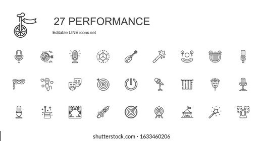 performance icons set. Collection of performance with circus, target, rising, stage, magician, microphone, curtains, power, theater masks. Editable and scalable performance icons.