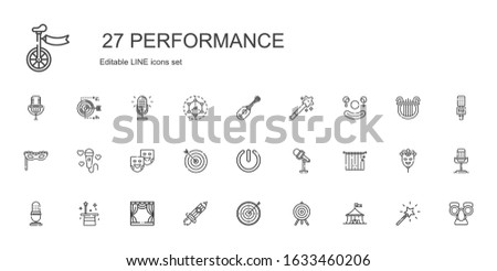 performance icons set. Collection of performance with circus, target, rising, stage, magician, microphone, curtains, power, theater masks. Editable and scalable performance icons.