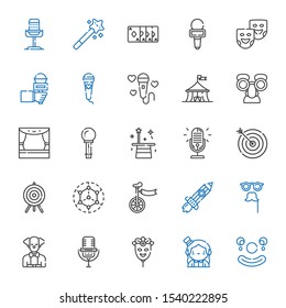 performance icons set. Collection of performance with clown, magician, mask, microphone, rising, unicycle, modeling, target, stage, circus. Editable and scalable performance icons.