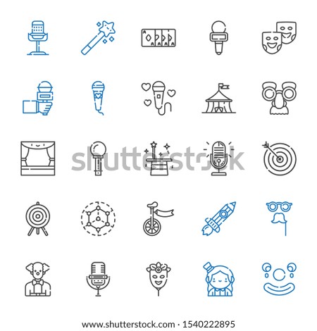 performance icons set. Collection of performance with clown, magician, mask, microphone, rising, unicycle, modeling, target, stage, circus. Editable and scalable performance icons.