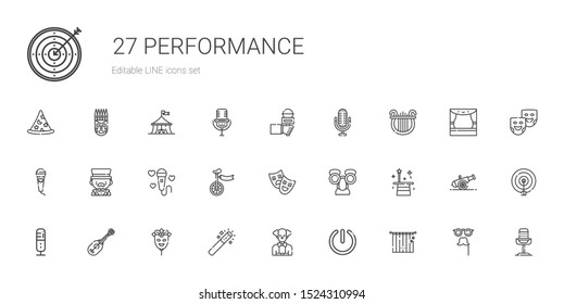 performance icons set. Collection of performance with curtains, power, clown, magic wand, mask, ukelele, microphone, magician, theatre. Editable and scalable performance icons.